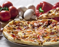 Pizza is an oven-baked, flat, disc-shaped bread typically topped with a tomato sauce, cheese and various toppings.