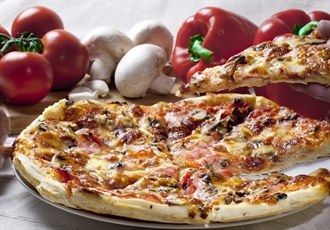 Pizza is an oven-baked, flat, disc-shaped bread typically topped with a tomato sauce, cheese and various toppings.